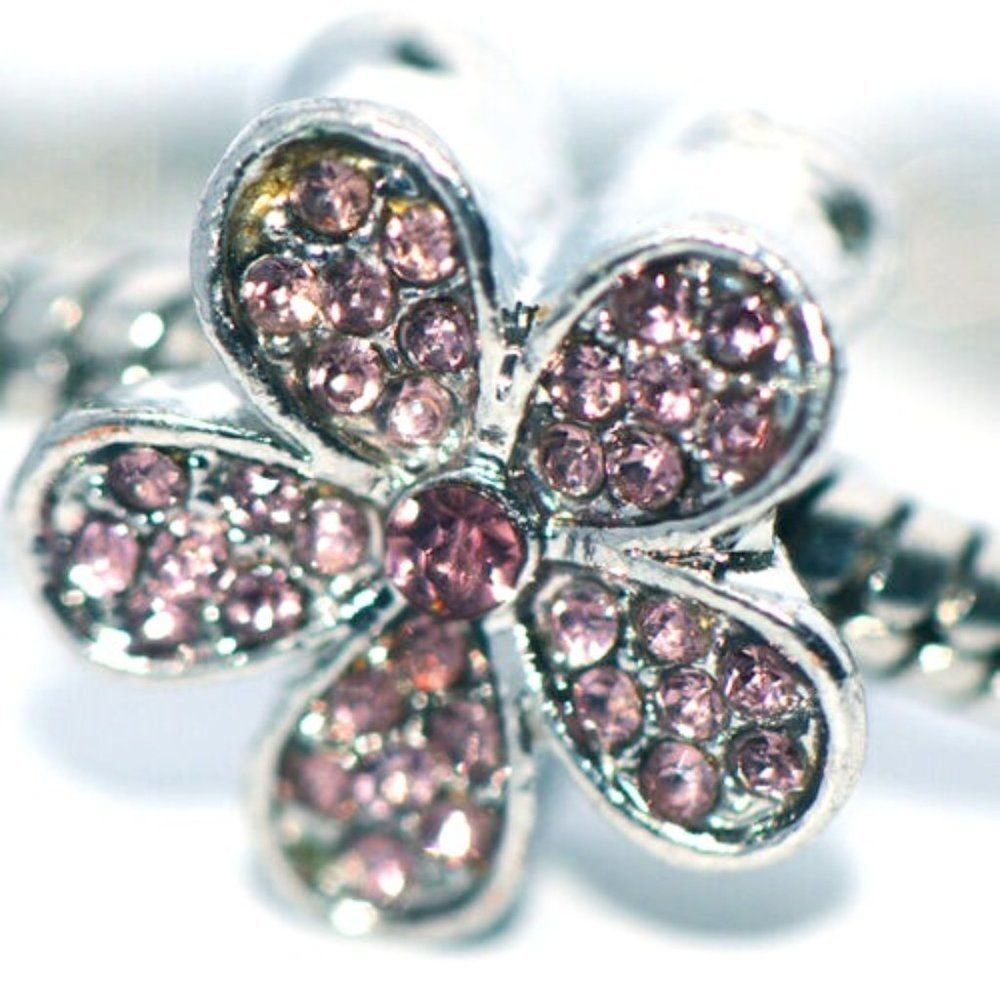 Womens Pink Flower Silver Charm